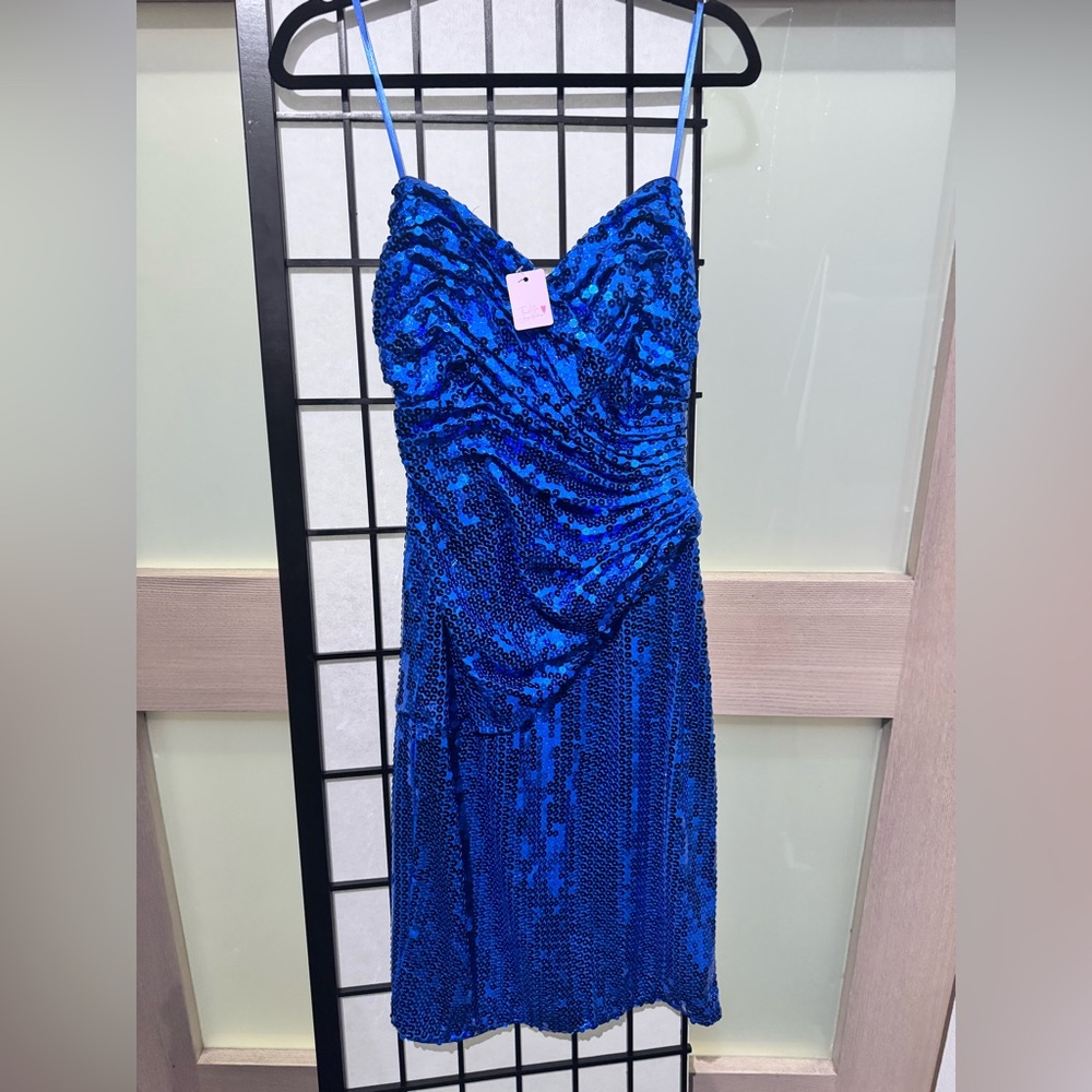 Blue Sequin Spaghetti Strap Dress